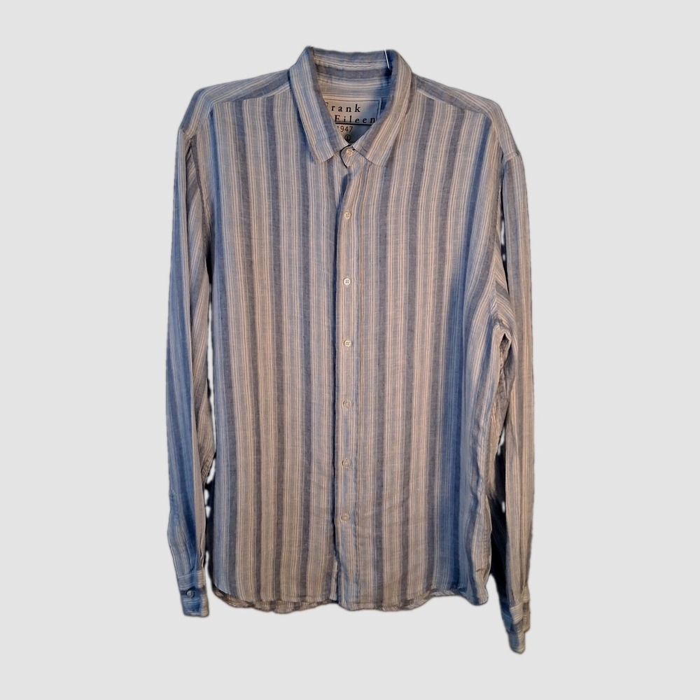 Frank & Eileen Finbar Men's Large Linen Blue Striped Button Down Shirt
